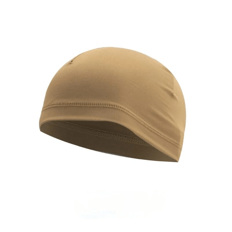 Lightweight breathable men's running beanie with UV protection in solid tan, made from durable polyester for adventurers.