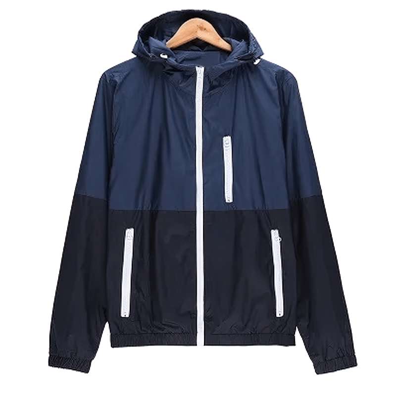 Lightweight casual men's zip-up hooded windbreaker SF1911 in navy, featuring zipper closure, stand collar, and pockets.