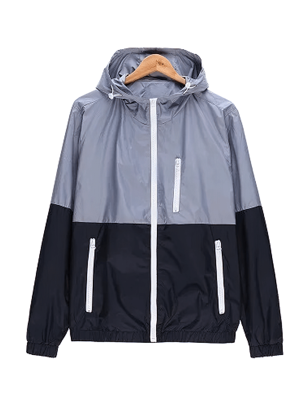 Lightweight Casual Men's Zip-Up Hooded Windbreaker SF1911 with stand collar, rib sleeve, and zipper closure, perfect for cool days.