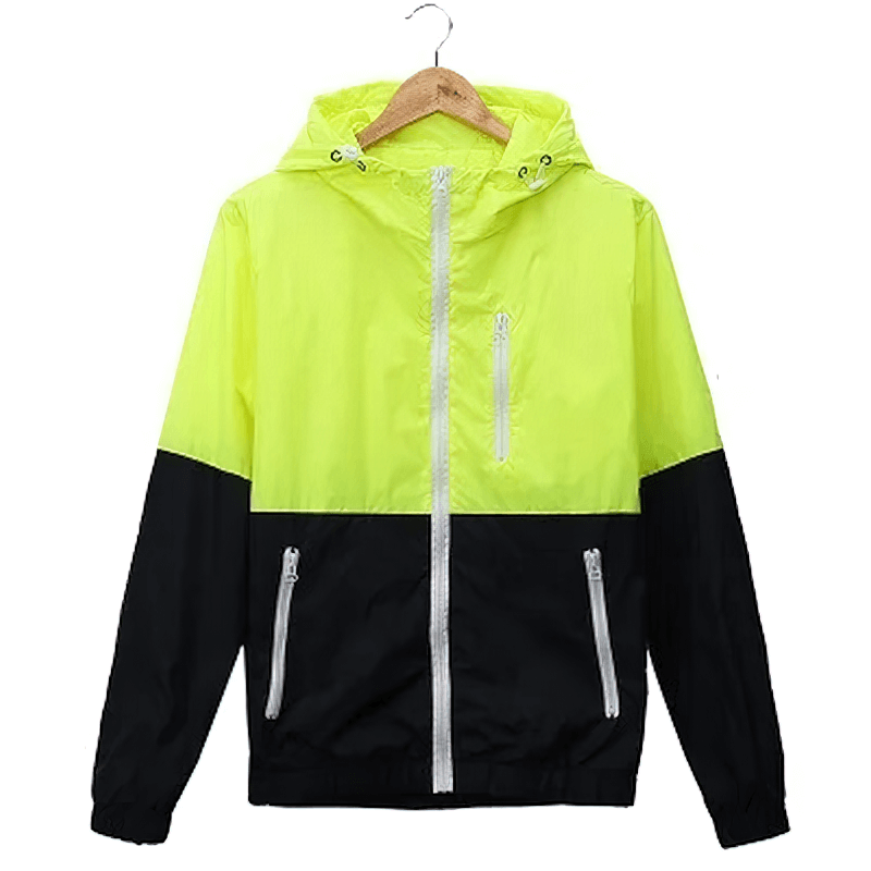 Lightweight men's hooded zip-up windbreaker in neon yellow and black, featuring zipper pockets and stand collar, perfect for casual wear.