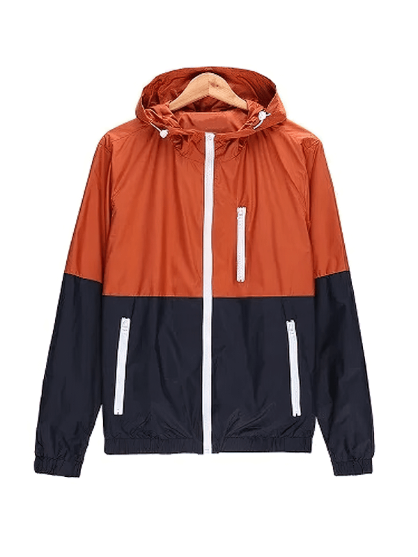 Lightweight Casual Men's Hooded Windbreaker SF1911 in orange and black, featuring zipper closure and pockets.