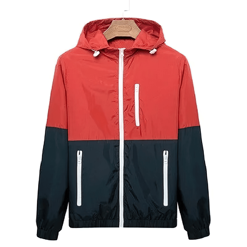 Lightweight casual men's zip-up hooded windbreaker SF1911 in red and black with pockets and rib sleeves for cooler days.