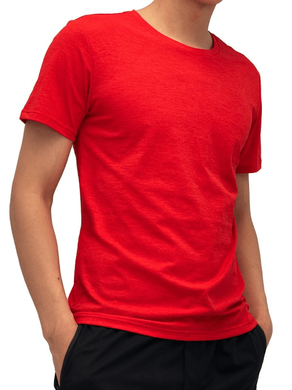 Men's red lightweight elastic sports training T-shirt, solid color, breathable polyester, perfect for activewear and workout.