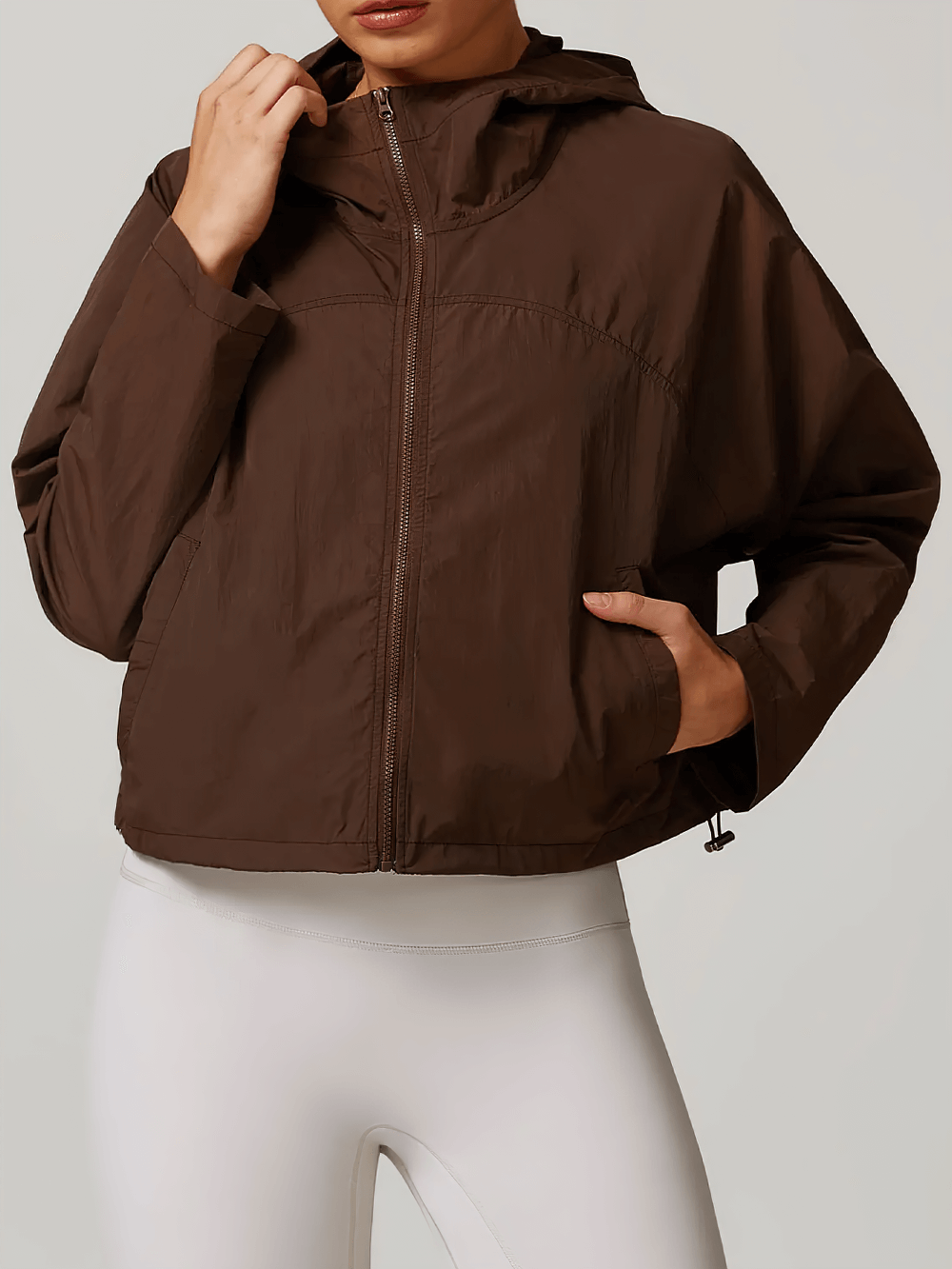 Activewear brown windbreaker jacket with hood, women's fashion, lightweight design, perfect for outdoor activities - SF2346