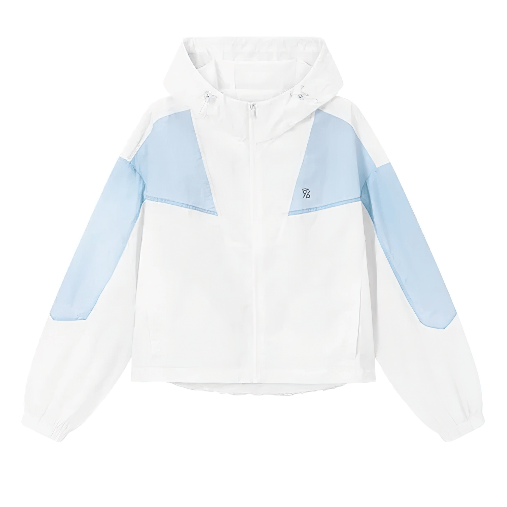 Women's lightweight hooded windbreaker with colorblock design in white and blue, perfect for outdoor sports. Model SF2298.