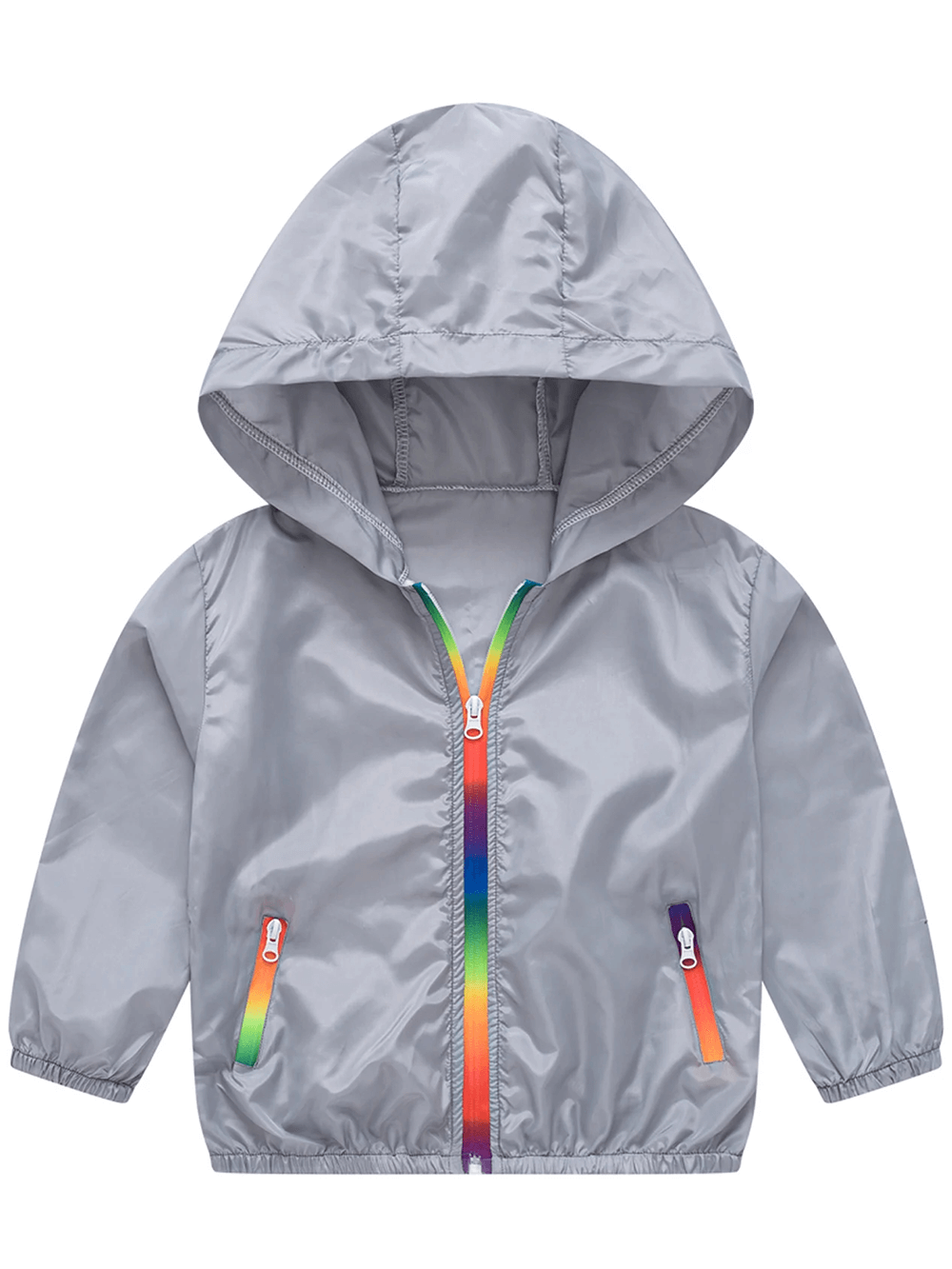 Boys' Lightweight Hooded Windbreaker with Rainbow Zipper - SF3635, featuring solid color, hood, elastic cuffs, and zip pockets.