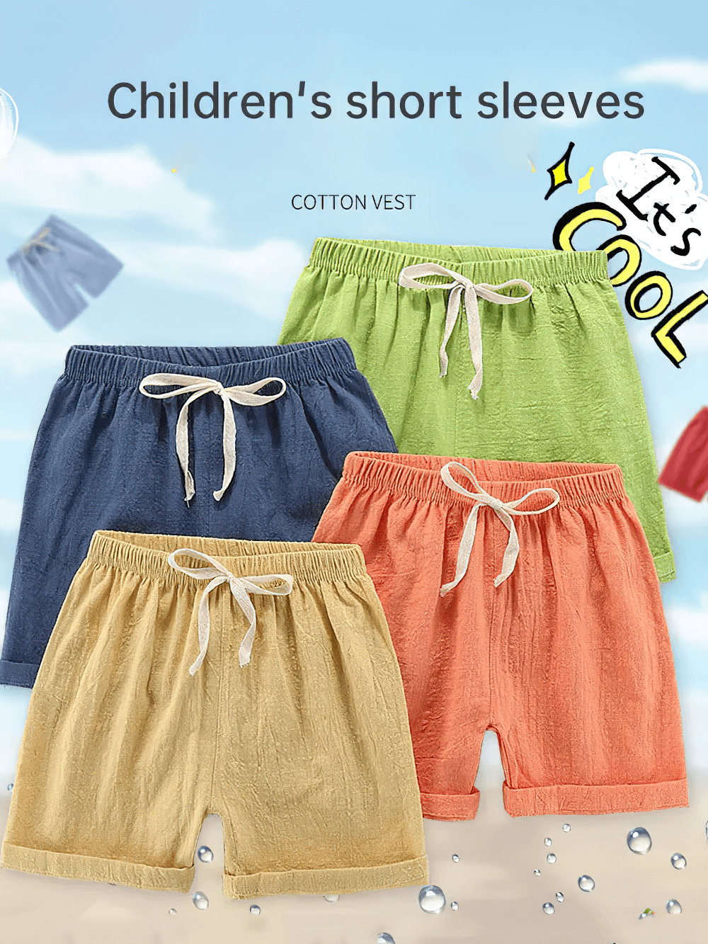 Colorful children's linen shorts with drawstrings for casual wear outdoors, set against a playful background.