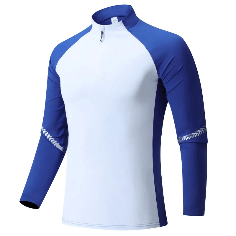 Men's lightweight long-sleeved blue and white zip sports shirt with patterned sleeves, SF2073, perfect for modern athletes.