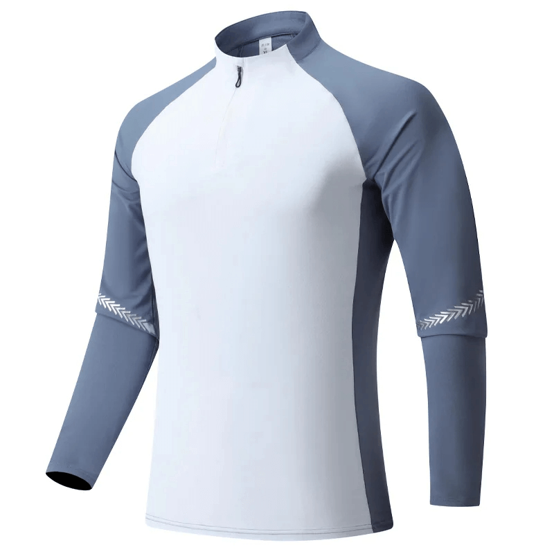 Lightweight men's long-sleeved zip shirt SF2073 with contrasting patterned sleeves, ideal for athletic performance.