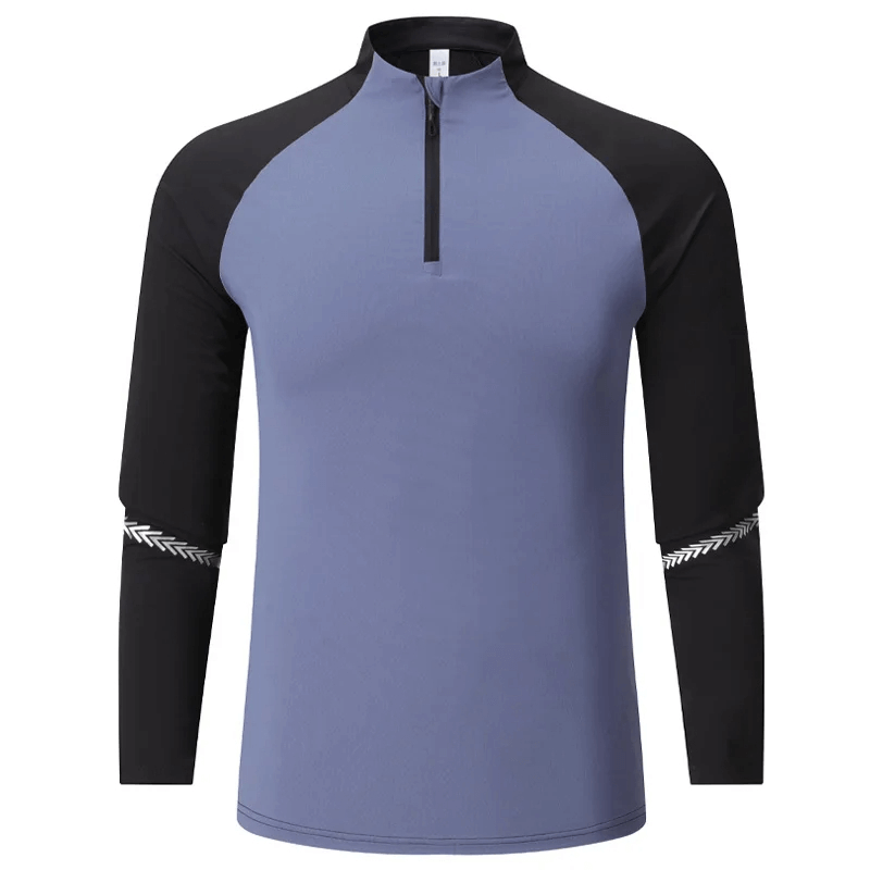 Men's lightweight long-sleeved zip shirt, athletic fit with breathable moisture-wicking fabric, contrasting patterned sleeves, SF2073.