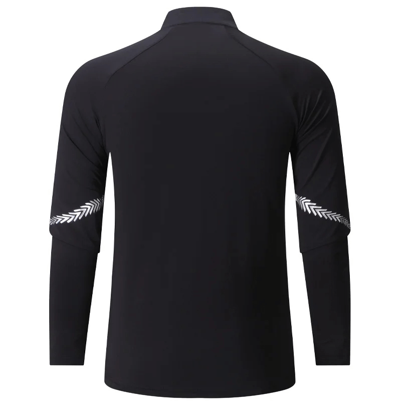 Back view of men's lightweight long-sleeved zip-up shirt SF2073 in black with stylish patterned sleeves, ideal for workouts.
