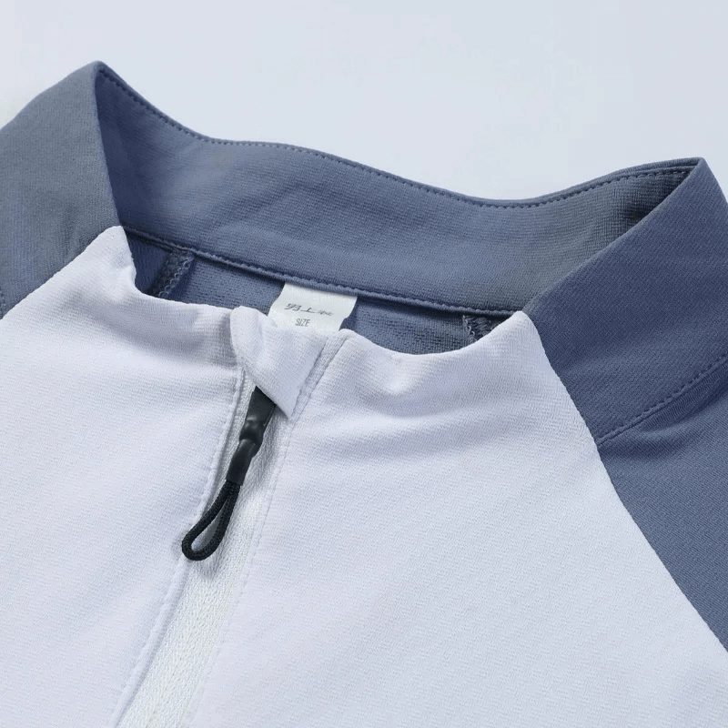 Men's lightweight long-sleeved zip shirt SF2073 in gray and white, showcasing a sleek zip-up neckline with contrasting tones.