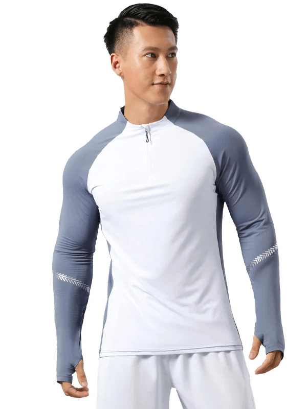 Men’s lightweight long-sleeved zip shirt SF2073 featuring breathable fabric and stylish pattern sleeves for athletic performance.