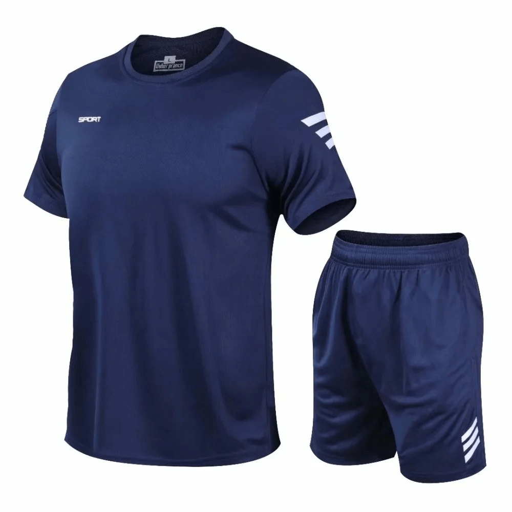 Lightweight men's athletic T-shirt and shorts set SF2025 in dark blue, perfect for running and gym workouts.