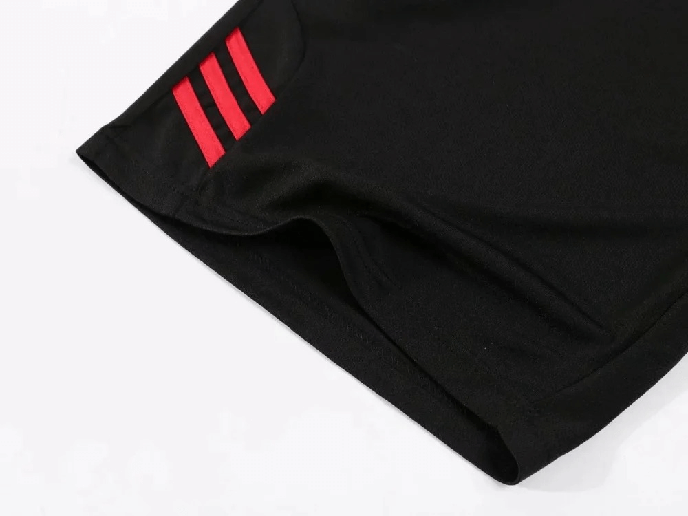 Close-up of black athletic shorts with red stripe detail, part of the Lightweight Men's Athletic T-Shirt and Shorts Set SF2025.
