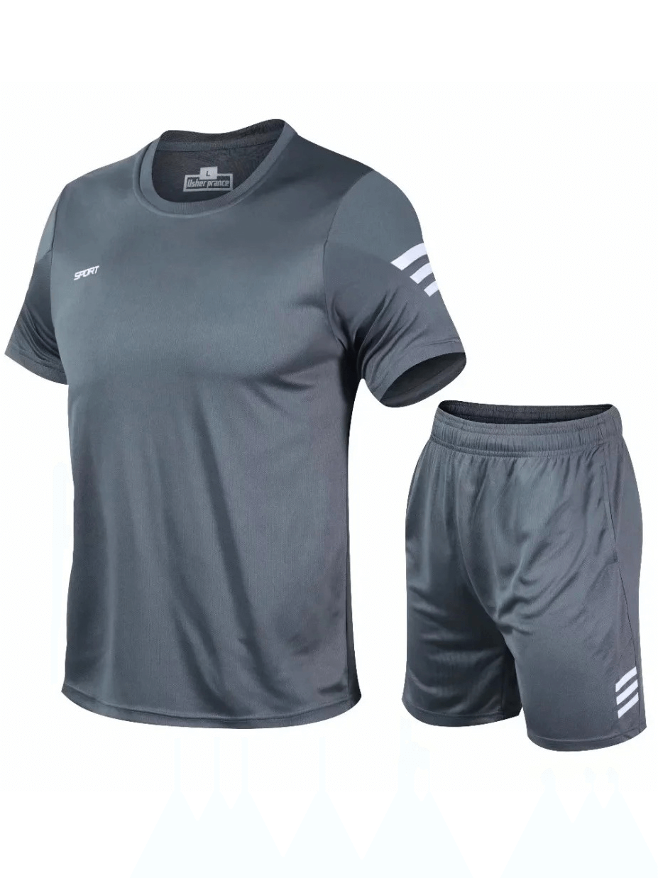 Lightweight Men's Athletic T-Shirt and Shorts Set SF2025 in gray for running and workouts, made of breathable polyester.