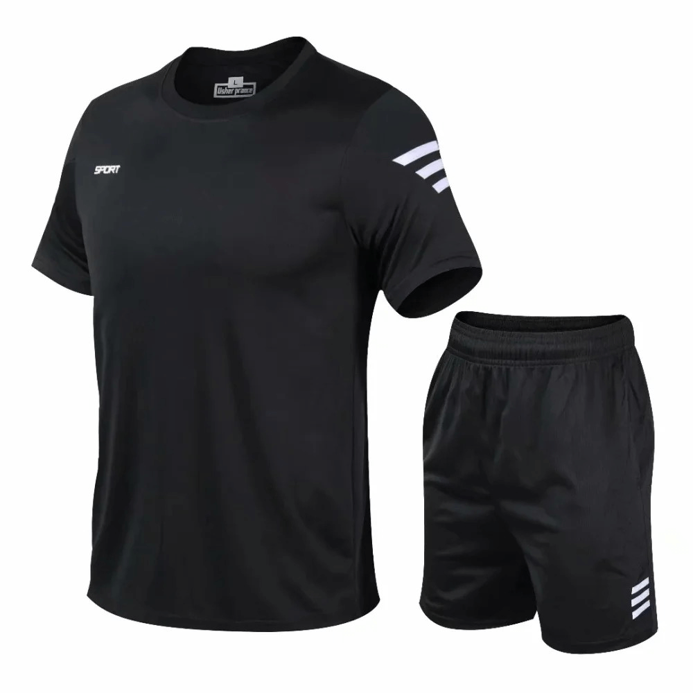 Black men's athletic T-shirt and shorts set, SF2025, perfect for running and gym workouts, lightweight breathable polyester fabric.