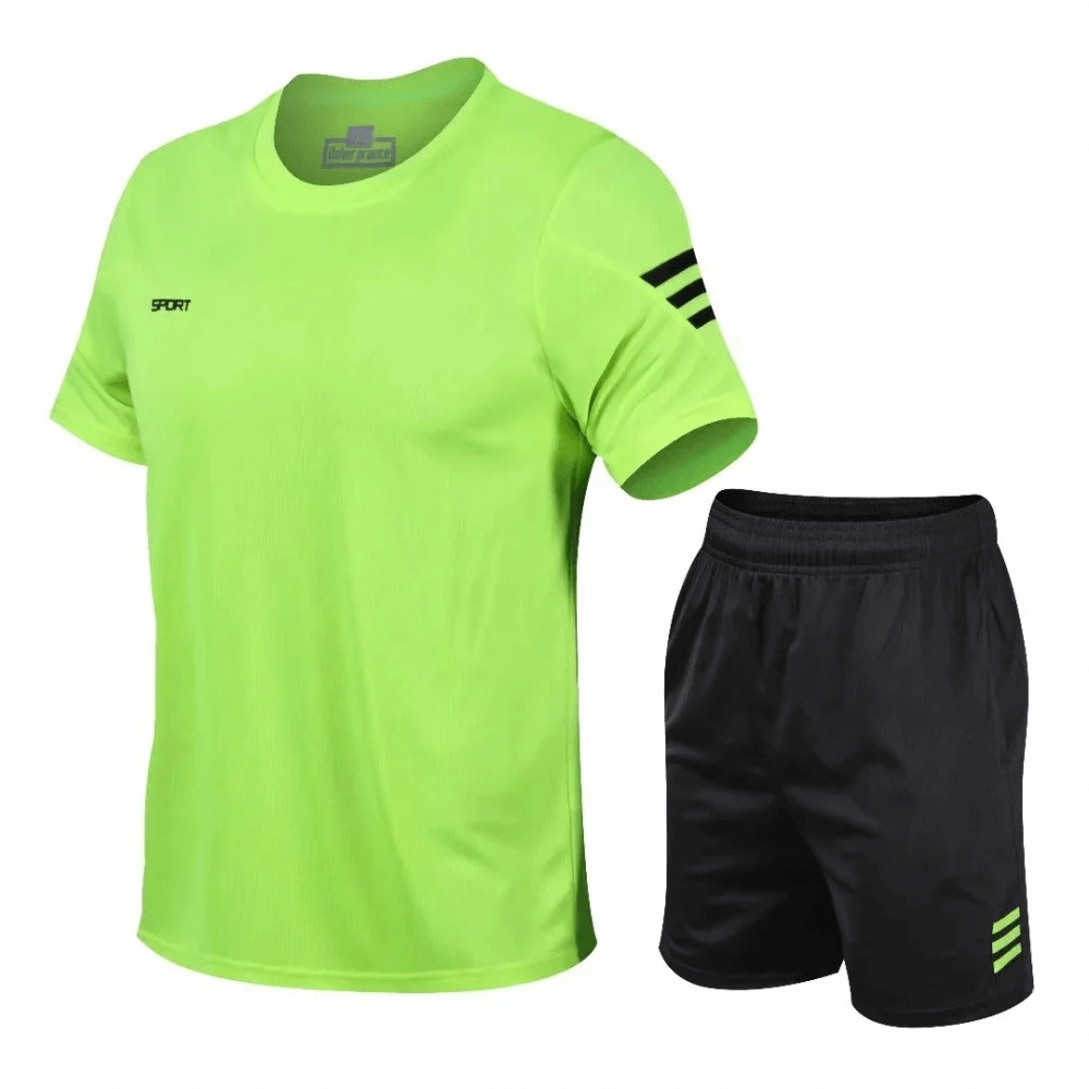 Neon green athletic T-shirt and black shorts set for men, perfect for running and gym workouts. Lightweight, breathable polyester fabric.