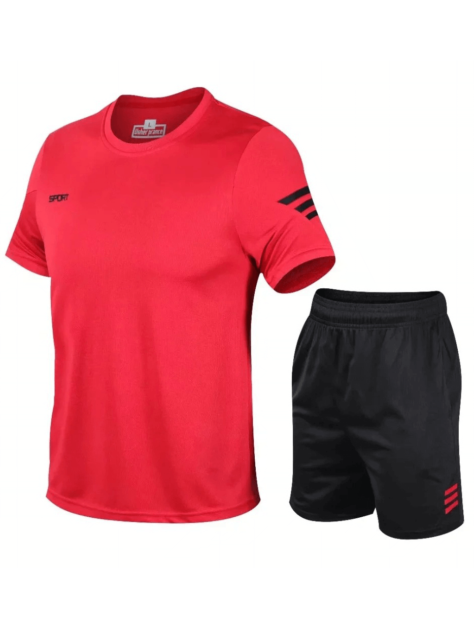 Men's Lightweight Athletic T-Shirt and Shorts Set in Red and Black - Perfect for Running, Gym, Fitness Activities