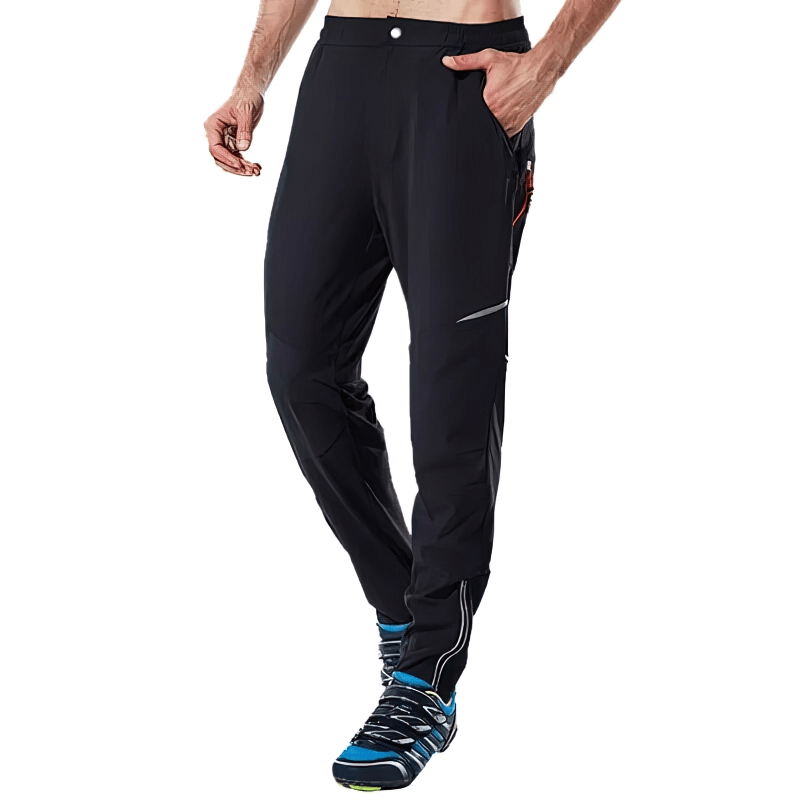 Lightweight men's sweatpants with reflective stripes, perfect for cycling; breathable and moisture-wicking, featuring elastic waistband.