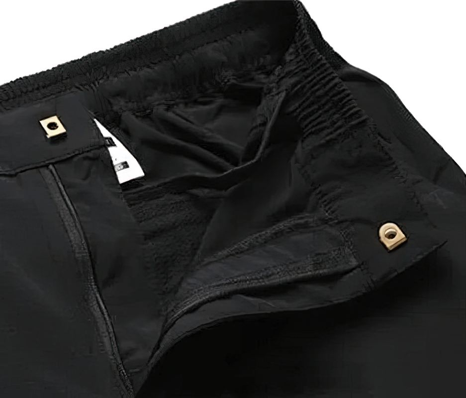 Elastic waistband and zipper fly of lightweight men's sweatpants SF1624, showcasing polyester fabric and reflective stripe details.