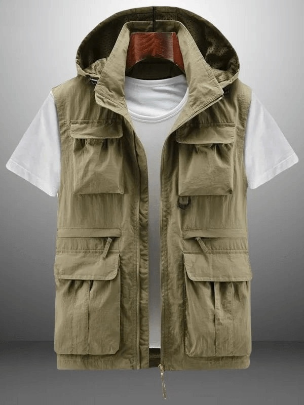 Lightweight men's vest with hood and multiple pockets, model SF1786, in breathable polyester, displayed on hanger with T-shirt.