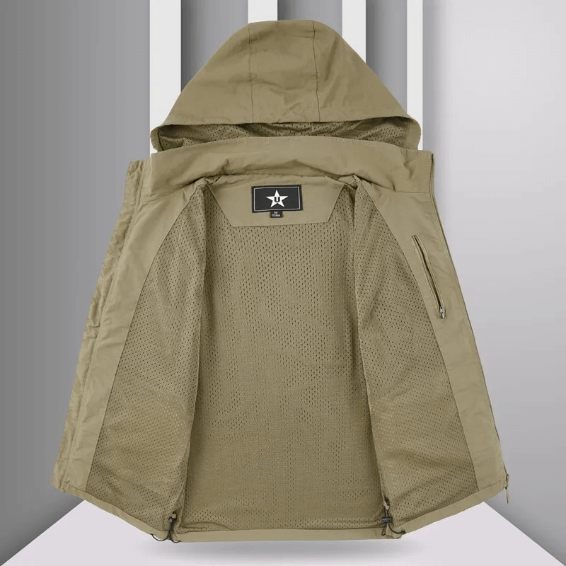 Lightweight men's hooded vest SF1786 with breathable mesh lining, zipper, and multiple pockets in stylish khaki color.