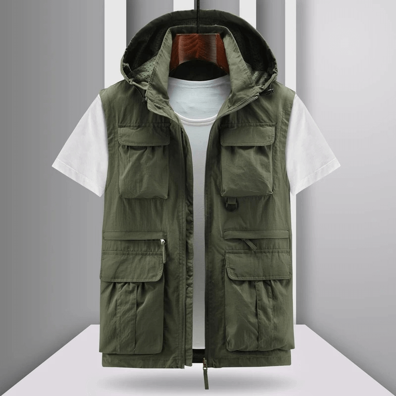Lightweight men's vest with hood and multiple pockets, perfect for outdoor wear, SF1786 model in green on display.