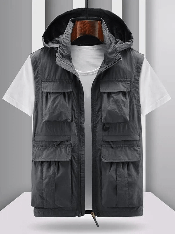 Lightweight men's vest with many pockets and hood SF1786, perfect for casual outdoor wear, breathable polyester in solid gray.