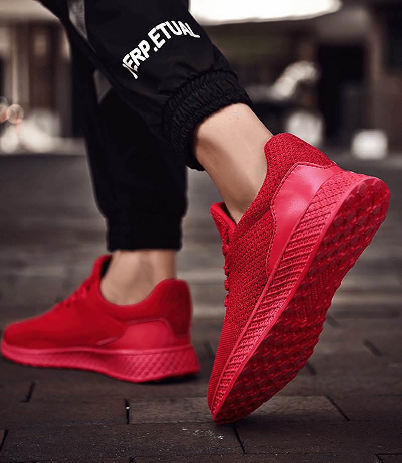 Bright red lightweight mesh men's outdoor training shoes SF1345 with EVA insole and rubber outsole for superior traction.