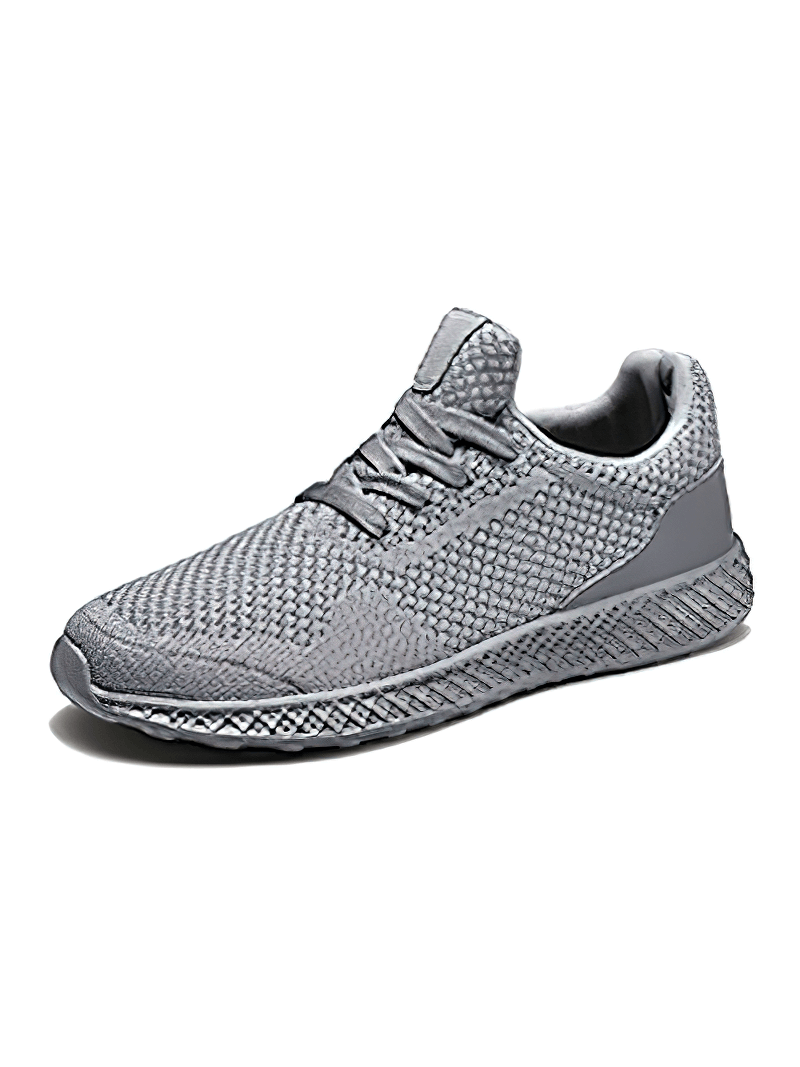 Lightweight men's mesh running shoe in gray, featuring breathable air mesh upper and EVA insole with rubber outsole for outdoor training.