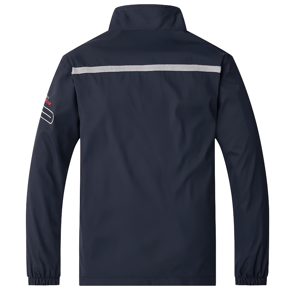 Back view of navy lightweight outdoor jacket, part of the waterproof and windproof SF2284 sports tracksuit set with elastic cuffs.