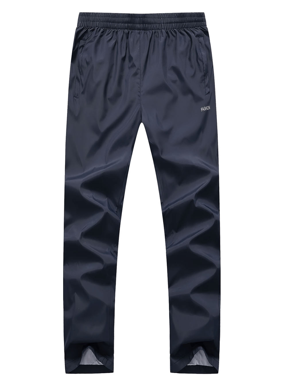 Men's waterproof windproof athletic pants in dark blue with elastic waistband, ideal for outdoor sports and casual wear.