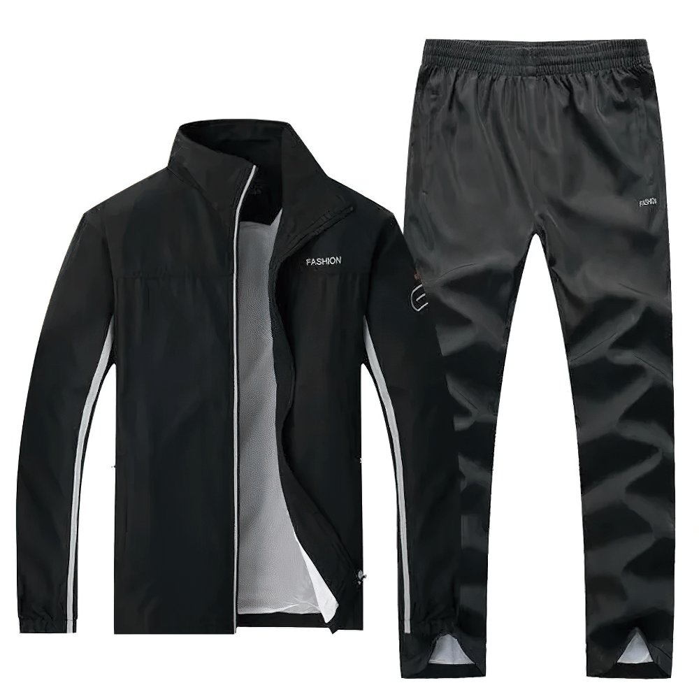 Lightweight black outdoor sports jacket and pants set SF2284, breathable, windproof, waterproof. Ideal for hiking and jogging.