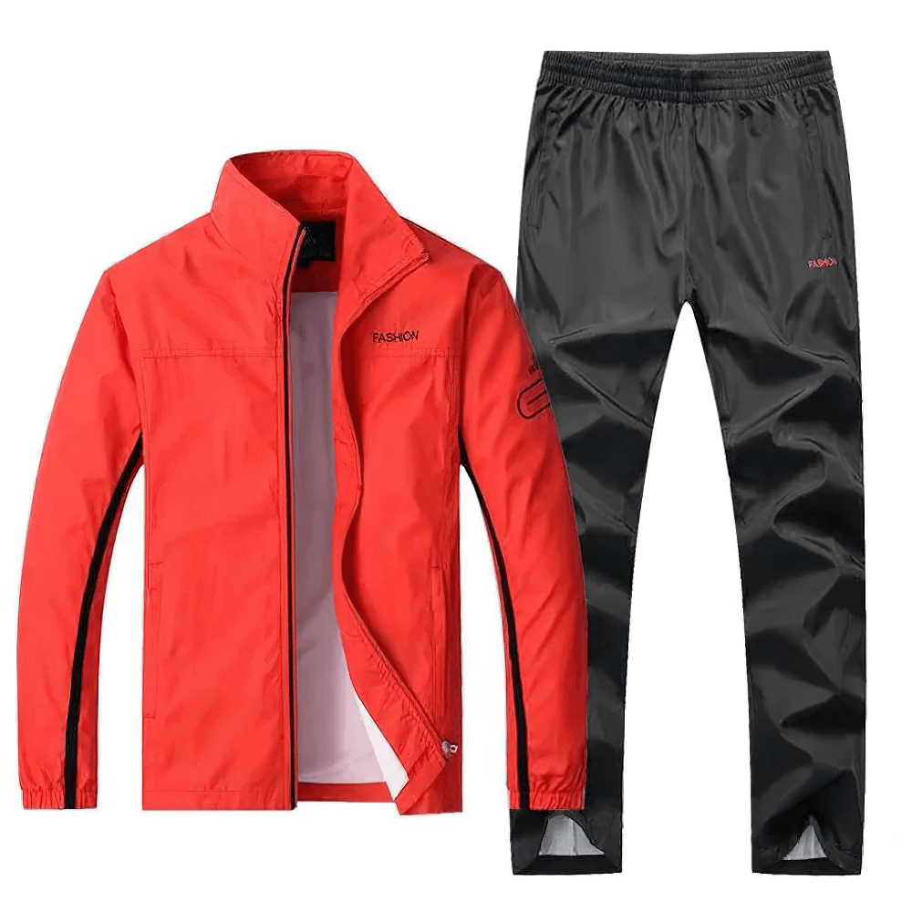 Red and black men's lightweight outdoor sports jacket and pants set SF2284. Breathable, windproof, waterproof tracksuit for active lifestyle.