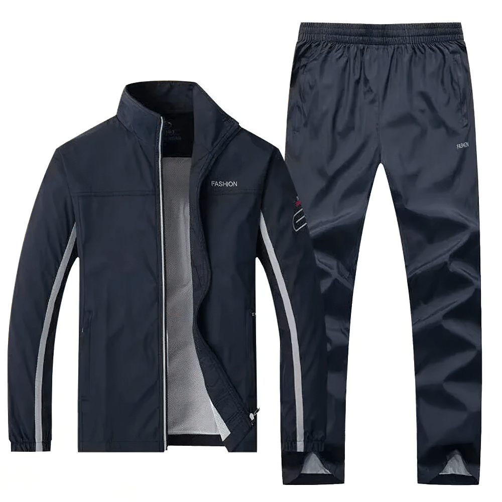 Lightweight outdoor sports jacket and pants set SF2284 in navy blue, windproof and waterproof, ideal for jogging and hiking.