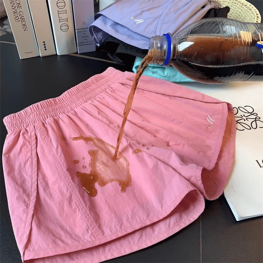 Lightweight Quick-Dry Athletic Shorts - SF3734 with liquid spill demonstrating fast-dry and breathable fabric feature in everyday wear.