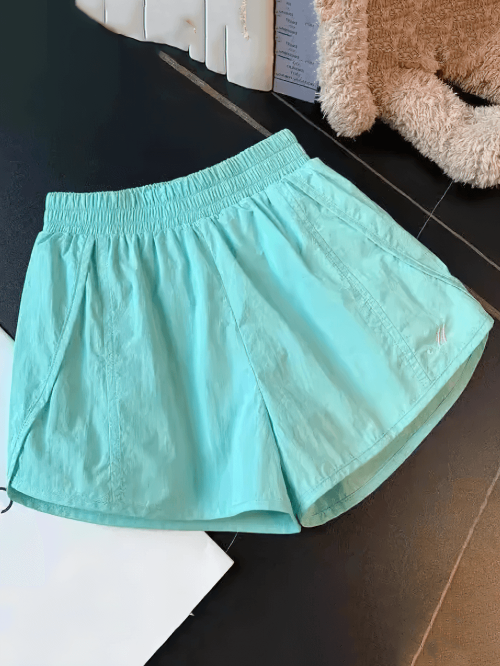 Mint green Lightweight Quick-Dry Athletic Shorts - SF3734 with airy fabric and elastic waistband for warm-weather training.