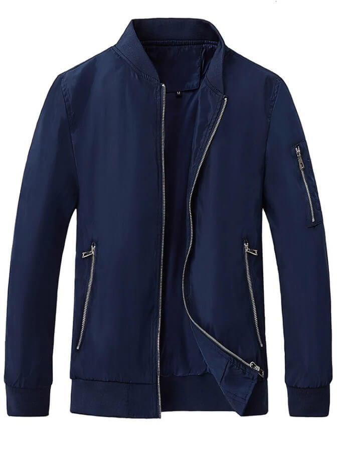 Lightweight navy running bomber jacket with zipper details, relaxed fit, and O-neck design for men made from breathable polyester.