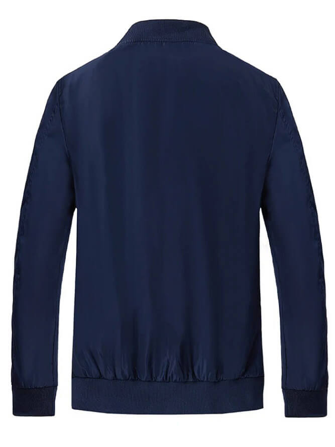 Back view of a navy lightweight running bomber jacket with zipper details, crafted from polyester for style and comfort, SF1954.