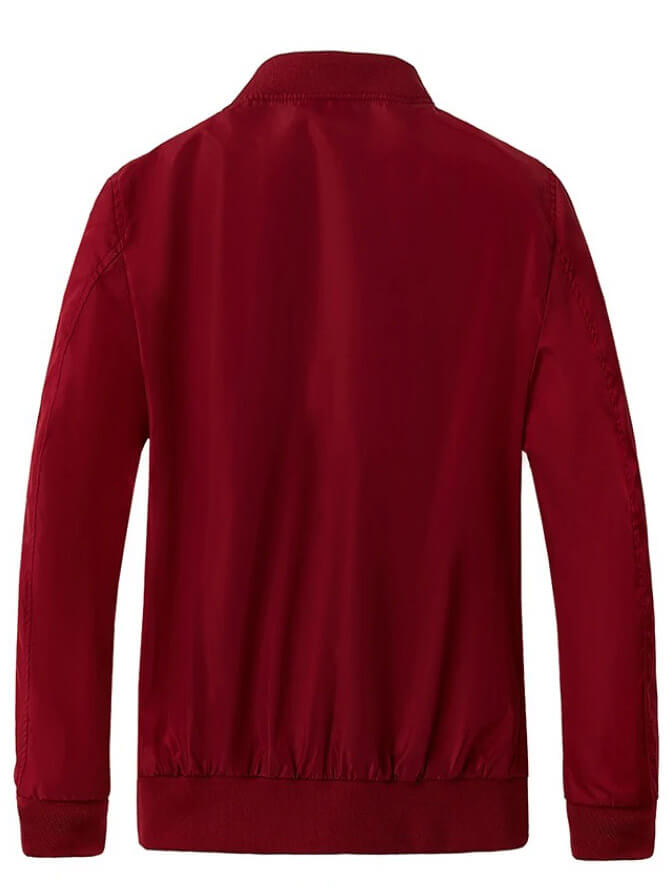 Back view of red lightweight running bomber jacket with zipper details, made from breathable polyester for men's sportswear.