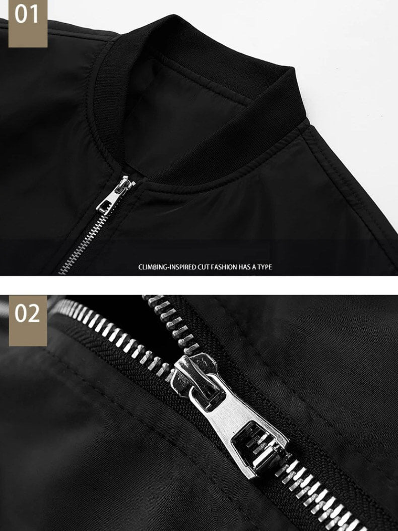 Close-up of black lightweight bomber jacket showing detailed zippers and O-neck design, perfect for a stylish and comfortable run.