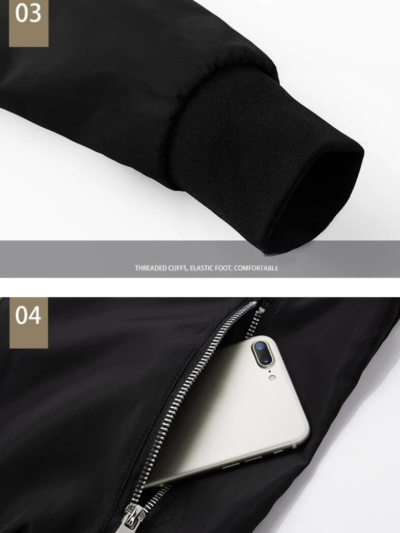 Close-up of lightweight running bomber jacket's elastic cuffs and zippered pocket holding a smartphone, showcasing comfort and functionality.