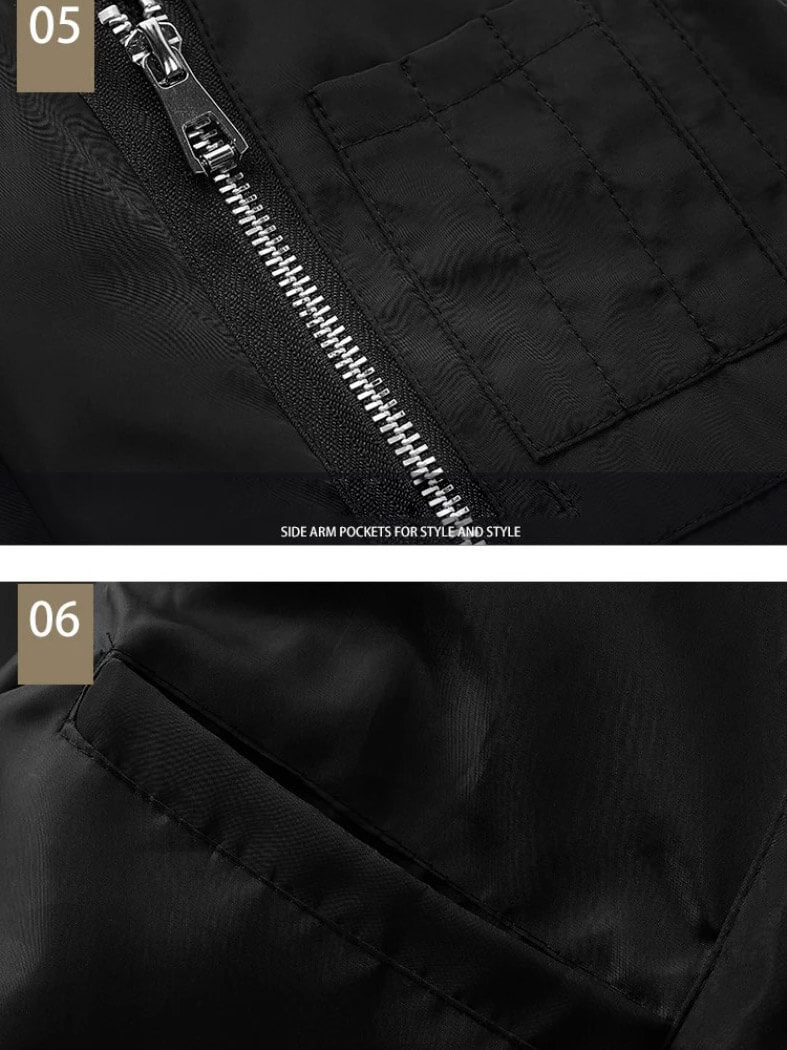 Close-up of black bomber jacket showing detailed zippers and pocket stitching, perfect for style and practicality. Ideal for running.