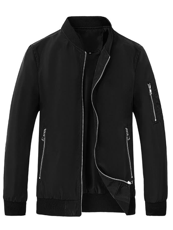 Men's lightweight black bomber jacket with zipper details, made from breathable polyester for running comfort, SF1954 style.