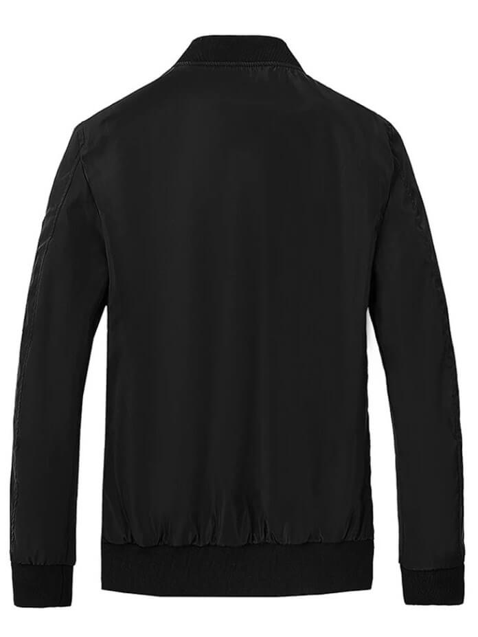 Back view of lightweight running bomber jacket with zipper details, designed for comfort and breathability, in black polyester.