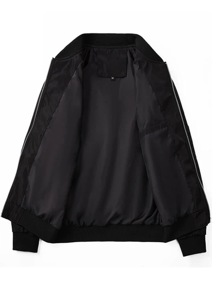 Open view of lightweight running bomber jacket showcasing breathable silky interior and stylish zipper details for men.