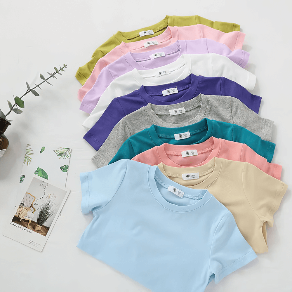 Assorted colors of Lightweight Solid Color Short-Sleeve Cotton Tee - SF3851 for children