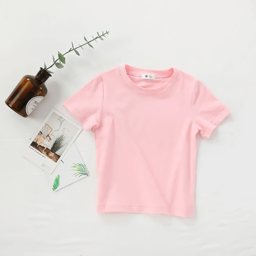 Lightweight Solid Color Short-Sleeve Cotton Tee - SF3851 for kids in pink, perfect for summer wear, casual and breathable base layer.