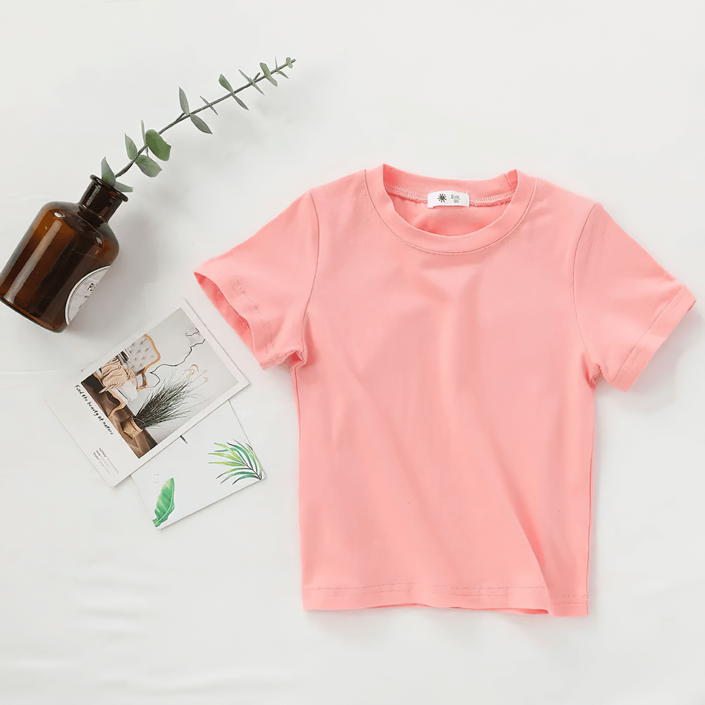 Lightweight Solid Color Short-Sleeve Cotton Tee - SF3851 in pastel pink, perfect for kids' summer casual wear.